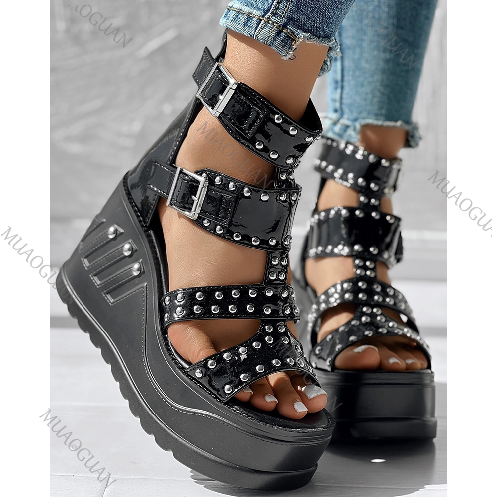 Wedge Heeled Sneaker - Fashion Women Peep Toe Black Sandals