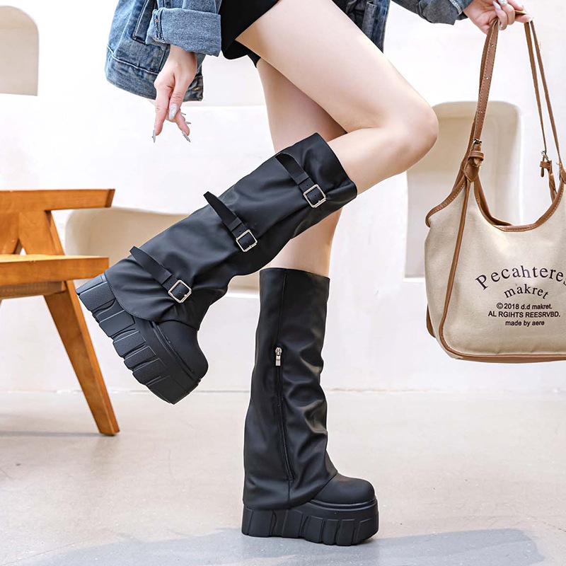 14cm Heel Knee High Boots Plat - Wedge Heeled Sneaker ulasan dan harga